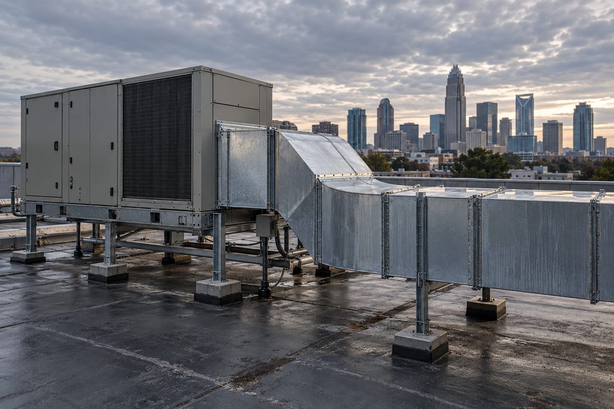 Commercial rooftop air handling unit and motorized ventilation dampers on a flat commercial roof