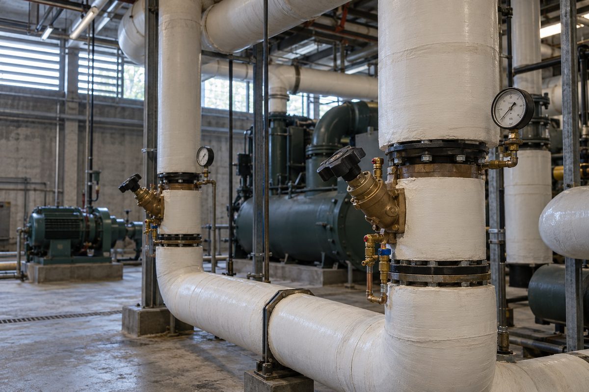 Commercial building central chilled water plant with insulated piping and analog pressure meters