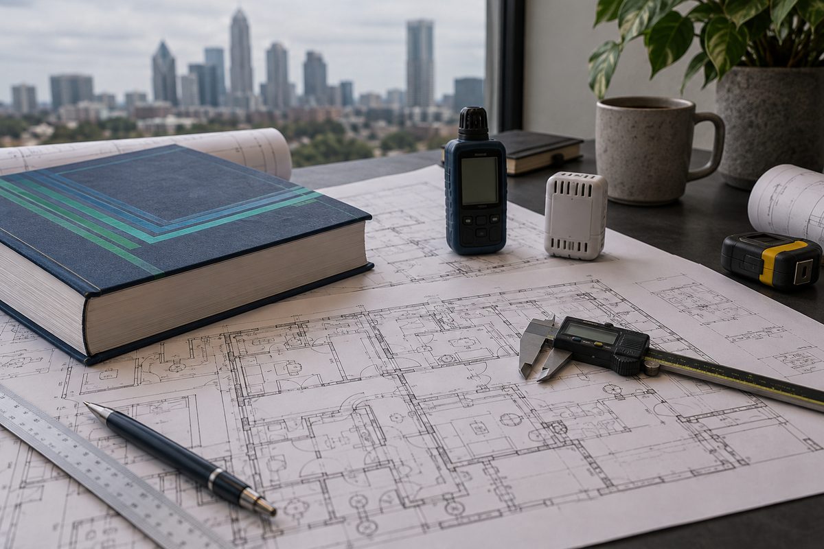 Engineering desk with commercial architectural plans, ASHRAE standards manual, and field measurement tools