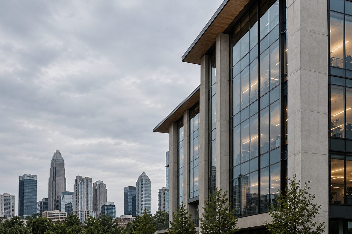 Commercial office building facade with glass curtain wall in Charlotte North Carolina under overcast morning light