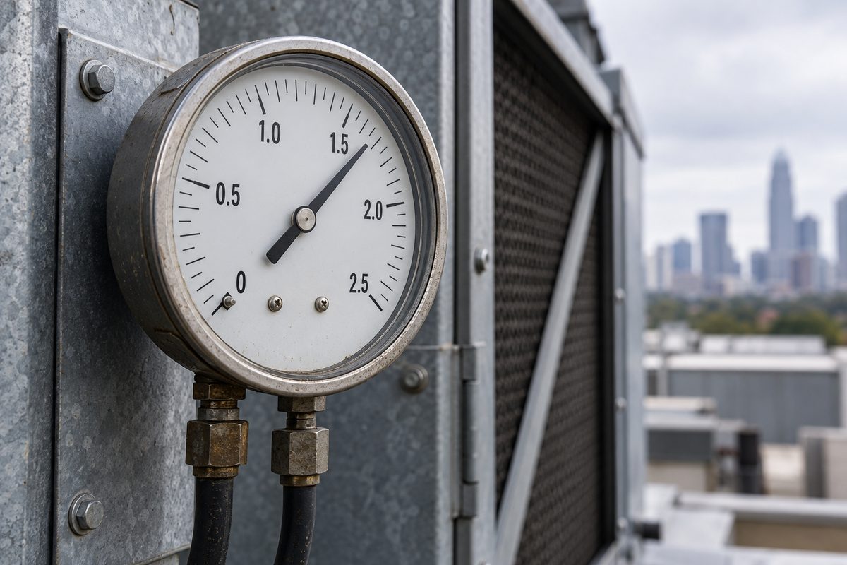 Calibrated analog differential pressure gauge mounted on commercial HVAC duct casing
