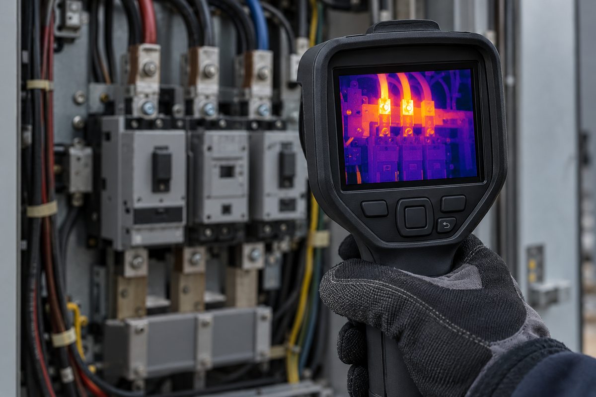 Thermal imaging camera screen displaying heat distribution across electrical distribution panels