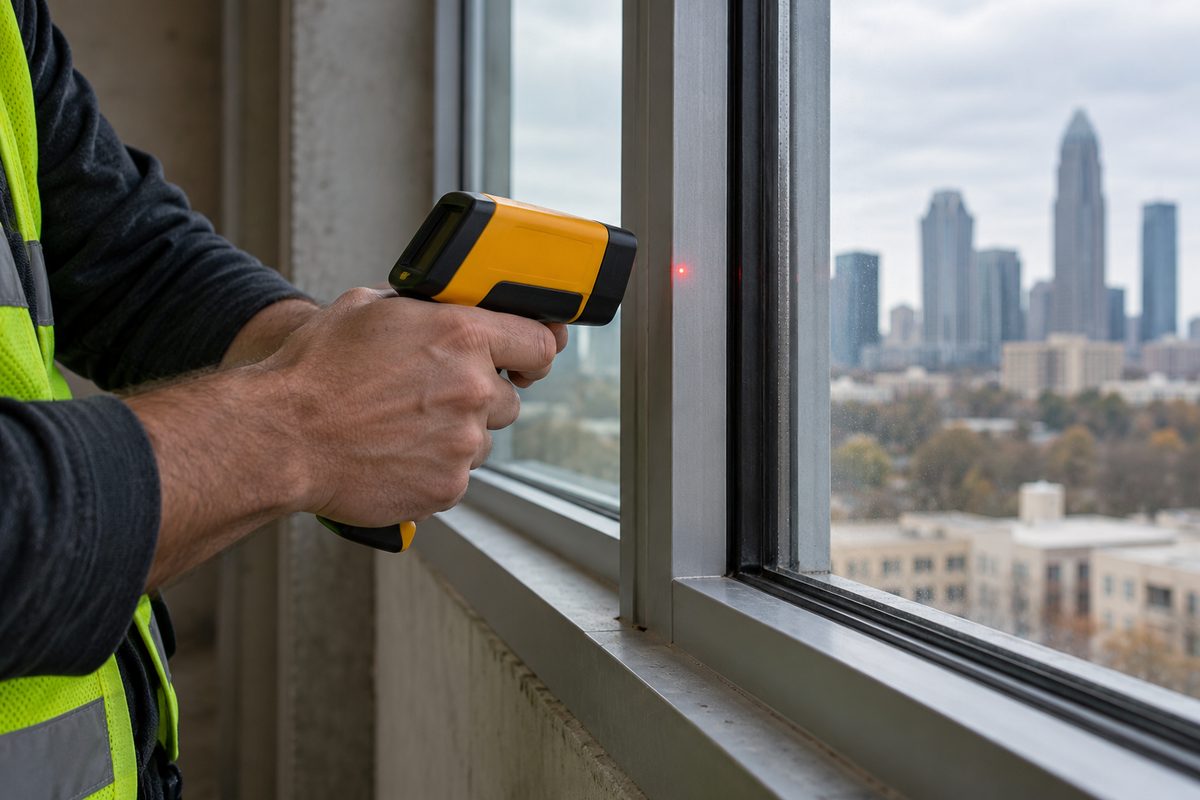 Consultant measuring building envelope thermal infiltration with a handheld infrared pyrometer