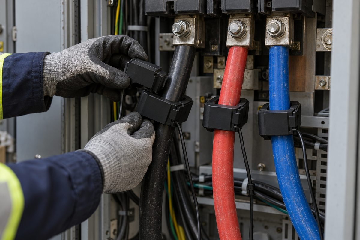 Field engineer attaching electrical data logger current clamps inside a commercial main distribution panel
